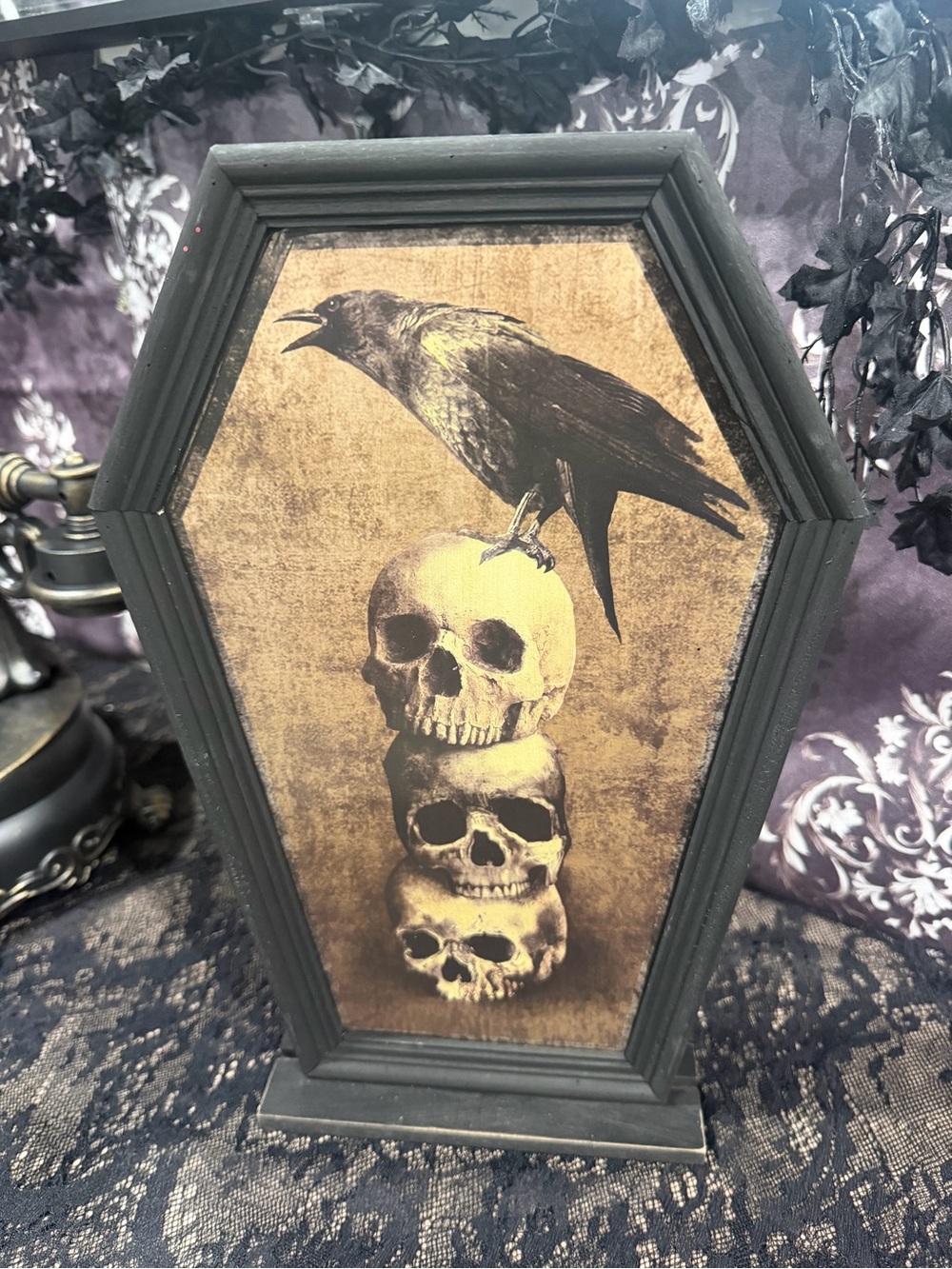 Gothic Coffin Raven & Skull Halloween Tabletop Decor